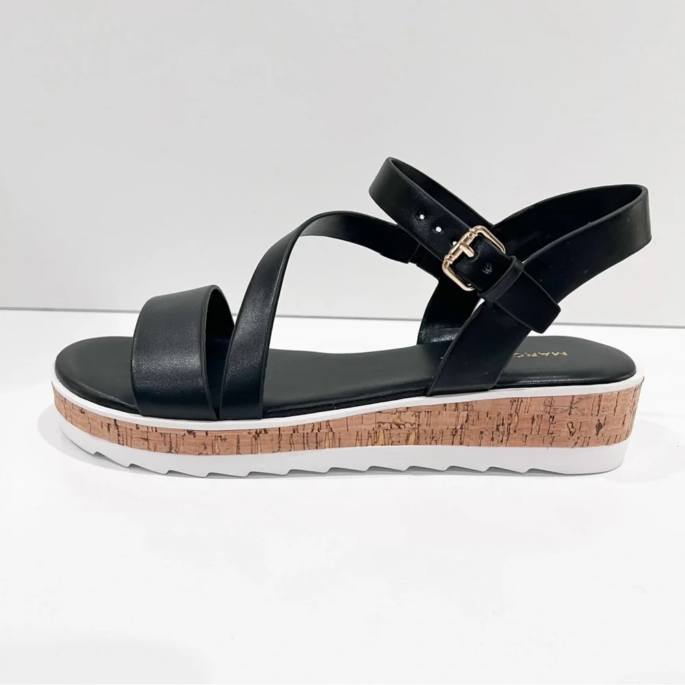 Marc Fisher Grandie Cork Platform Strappy Wedge Sandals Buckle Black 7.5 NEW - Picture 3 of 16